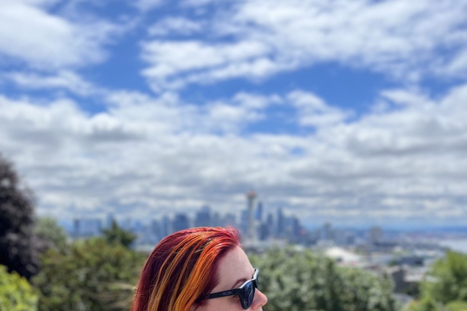 Looking out over a hazy city skyline from a hilltop park on a cloudy day